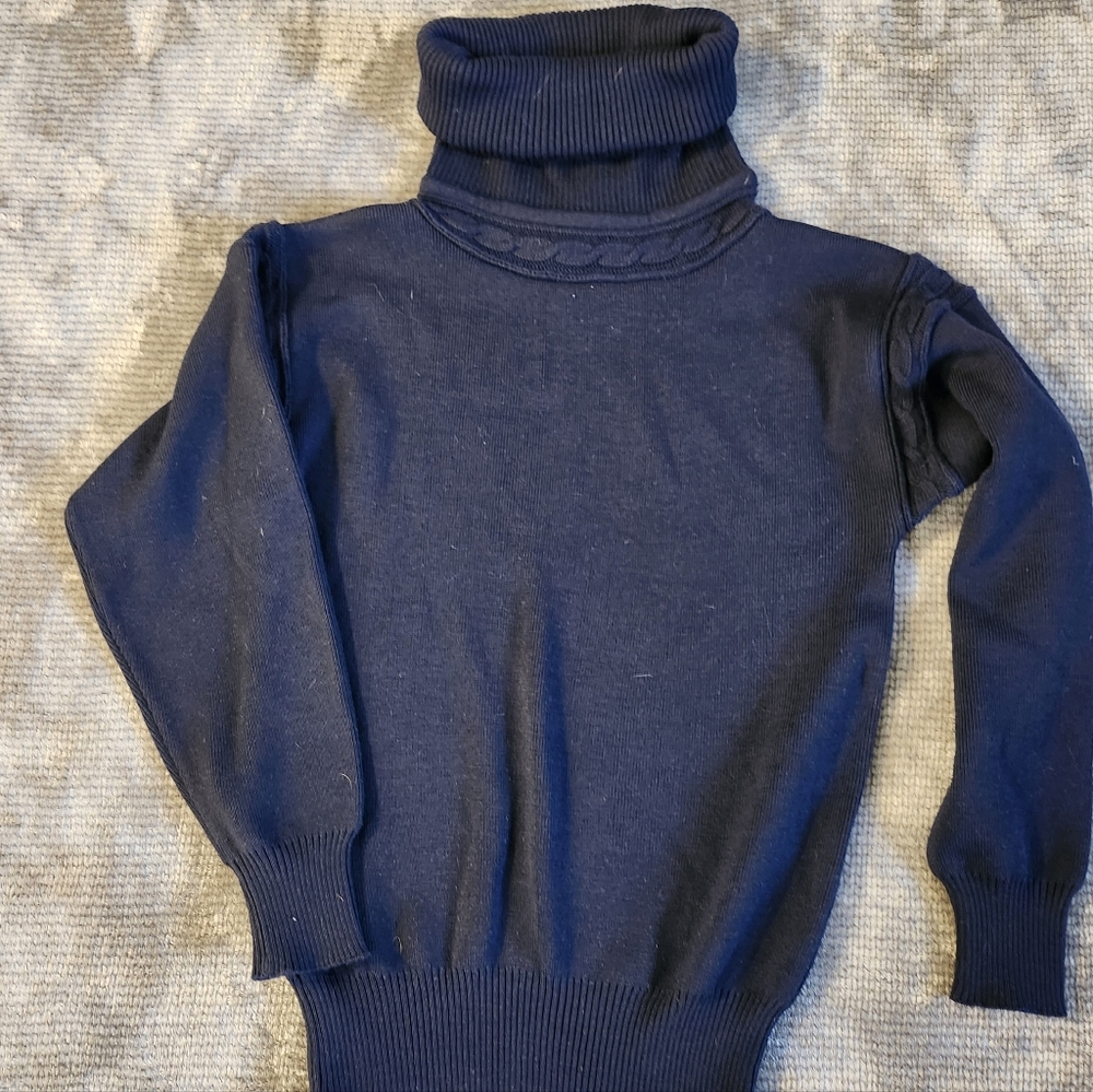 Peregrine 100% wool Navy Cowl / Turtleneck Knit Sweater Braid Accent Preppy Med